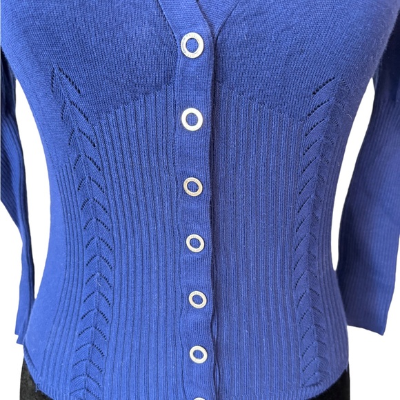 🎁 Karen Millen Bold Blue Cardigan Puff Sleeve Sweater - Picture 3 of 7